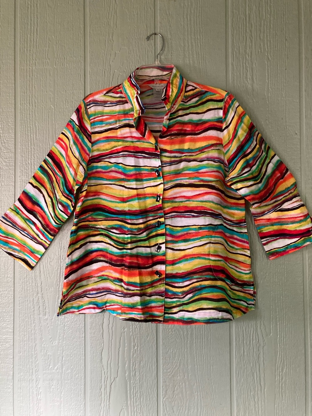 Multiples Petite Medium flexible wired collar wavy patterned shirt